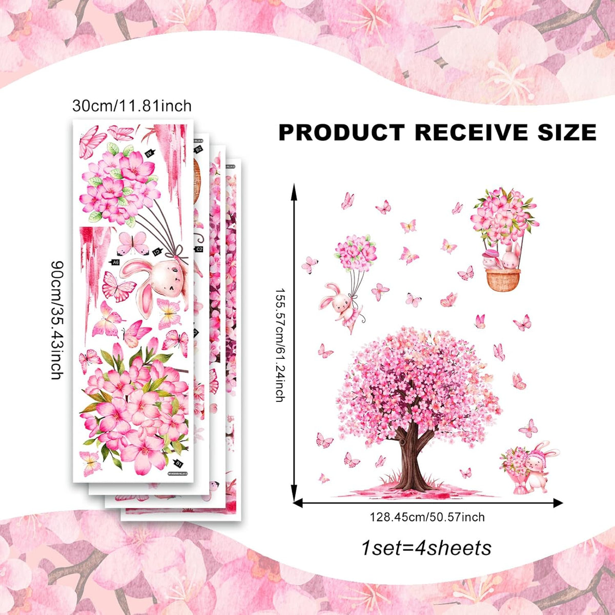 Large Pink Flower Tree & Rabbit Wall Decals Art Decor