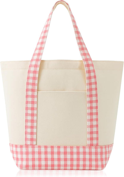 1 Pcs Mini Canvas Tote Bags, 13" X 11" X 6", Pink Plaid