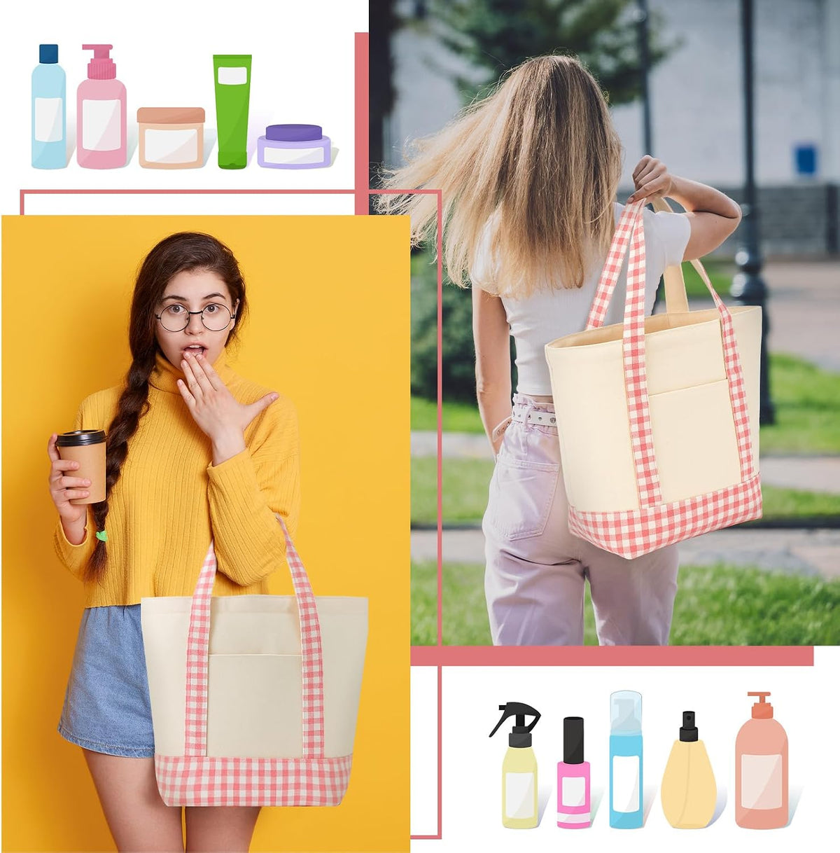 1 Pcs Mini Canvas Tote Bags, 13" X 11" X 6", Pink Plaid