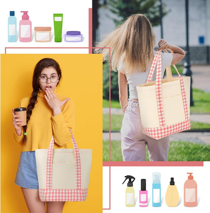 1 Pcs Mini Canvas Tote Bags, 13" X 11" X 6", Pink Plaid