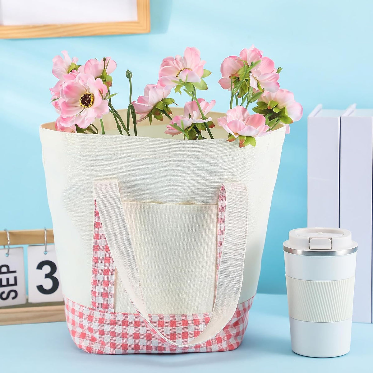 1 Pcs Mini Canvas Tote Bags, 13" X 11" X 6", Pink Plaid