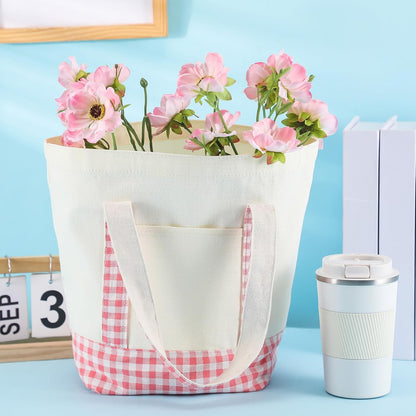 1 Pcs Mini Canvas Tote Bags, 13" X 11" X 6", Pink Plaid