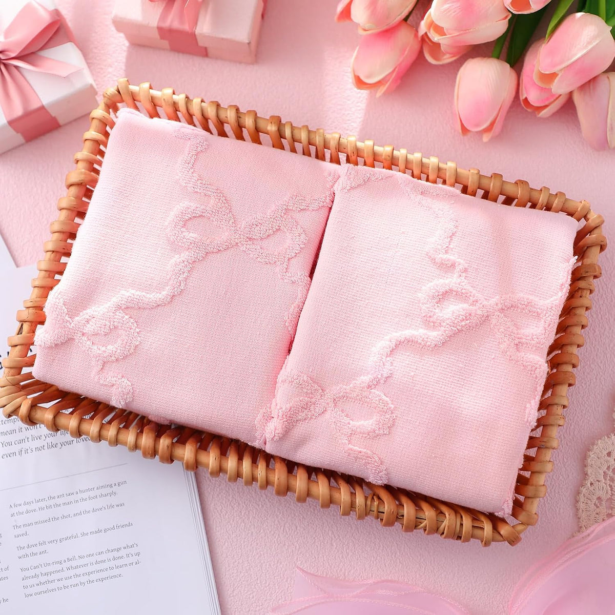 2 Pcs Pink Bow Hand Towels for Bathroom Coquette Decor, 100% Cotton