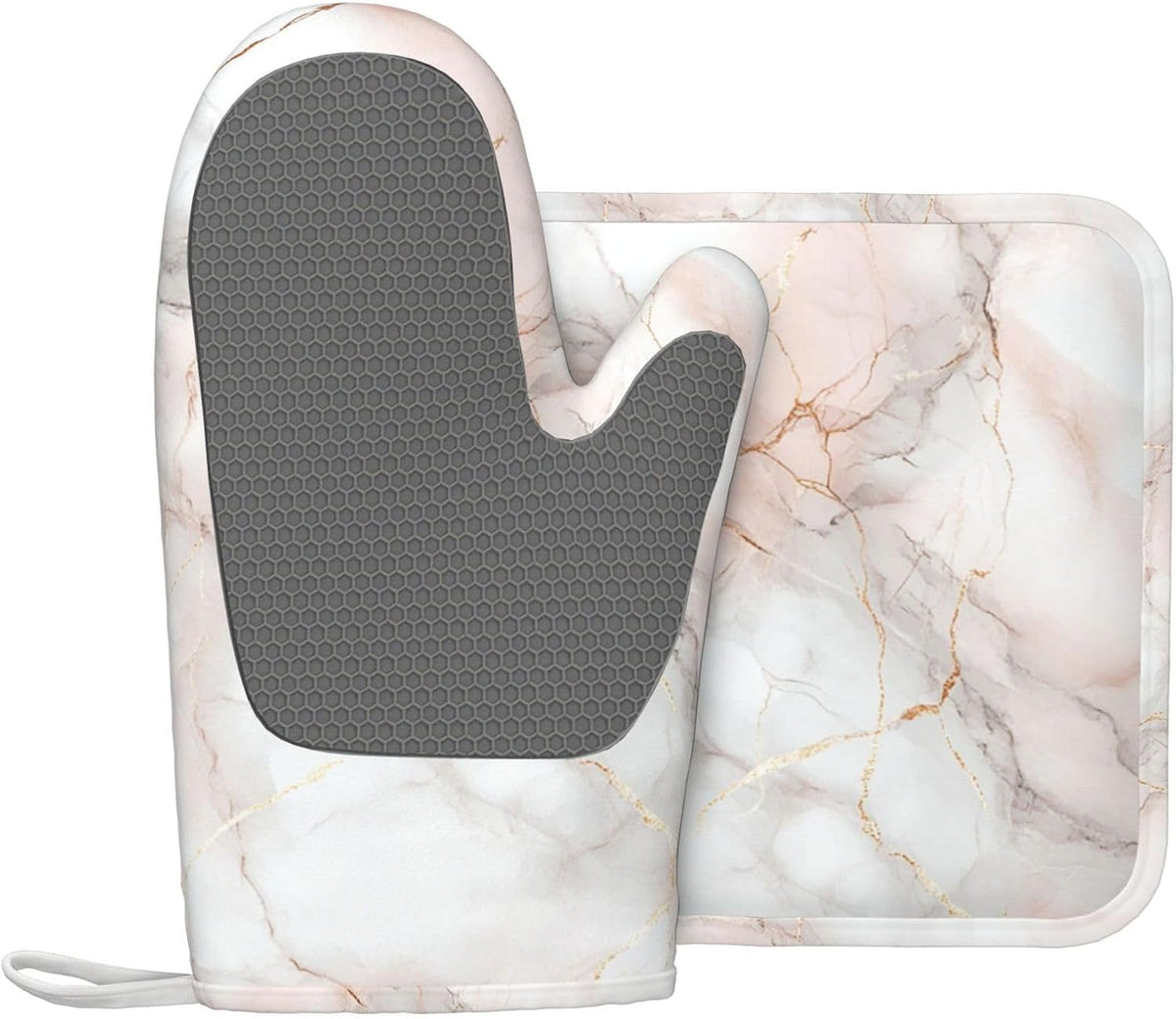 Oven Mitts and Pot Holders Pastel White Pink Marble Silicone Kitchen Accessories Set of 2 Heat Resistant Long Gloves Potholder Non-Slip Grip for Chef Cooking,Baking,Grilling,BBQ