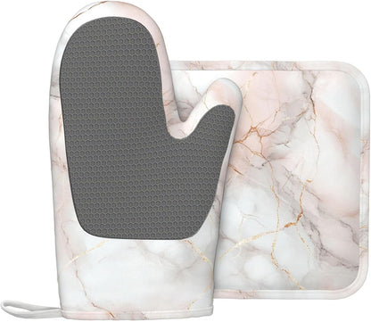 Oven Mitts and Pot Holders Pastel White Pink Marble Silicone Kitchen Accessories Set of 2 Heat Resistant Long Gloves Potholder Non-Slip Grip for Chef Cooking,Baking,Grilling,BBQ