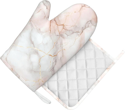 Oven Mitts and Pot Holders Pastel White Pink Marble Silicone Kitchen Accessories Set of 2 Heat Resistant Long Gloves Potholder Non-Slip Grip for Chef Cooking,Baking,Grilling,BBQ