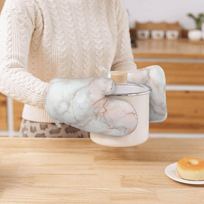 Oven Mitts and Pot Holders Pastel White Pink Marble Silicone Kitchen Accessories Set of 2 Heat Resistant Long Gloves Potholder Non-Slip Grip for Chef Cooking,Baking,Grilling,BBQ