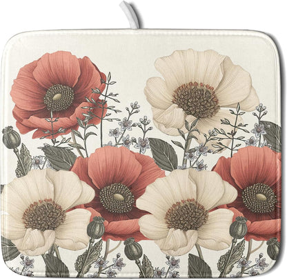 Floral Dish Drying Mat for Kitchen Counter 18x16 Inch Beige Pink Big Flower Drying Mat with Absorbent Reversible Microfiber Season Spring Dish Drainer Mats Rack Pad for Coffee Countertop Protector