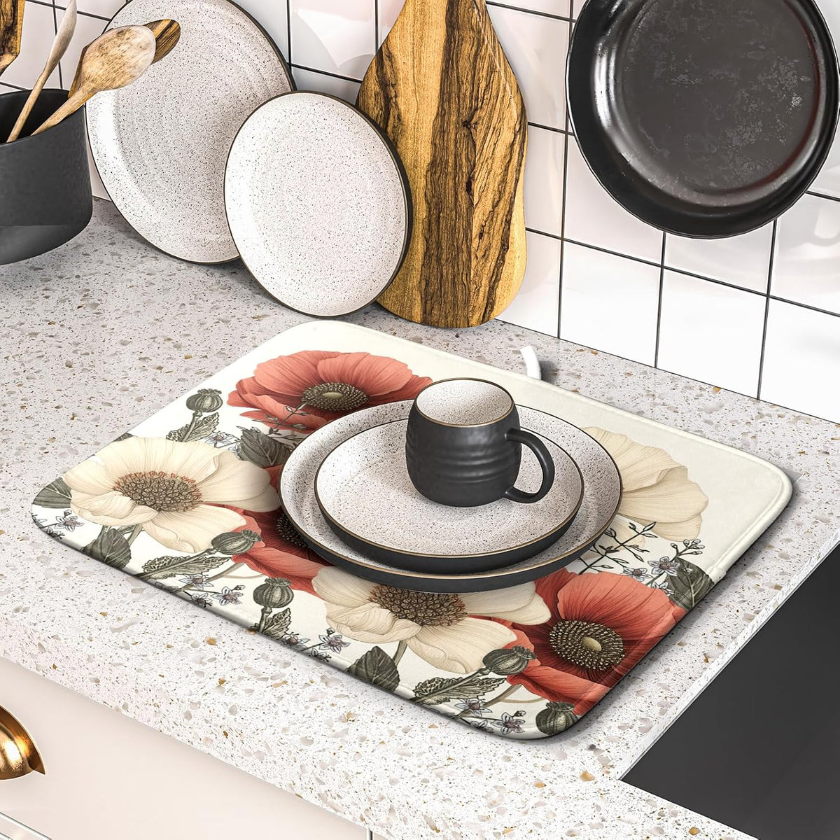 Floral Dish Drying Mat for Kitchen Counter 18x16 Inch Beige Pink Big Flower Drying Mat with Absorbent Reversible Microfiber Season Spring Dish Drainer Mats Rack Pad for Coffee Countertop Protector