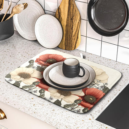 Floral Dish Drying Mat for Kitchen Counter 18x16 Inch Beige Pink Big Flower Drying Mat with Absorbent Reversible Microfiber Season Spring Dish Drainer Mats Rack Pad for Coffee Countertop Protector