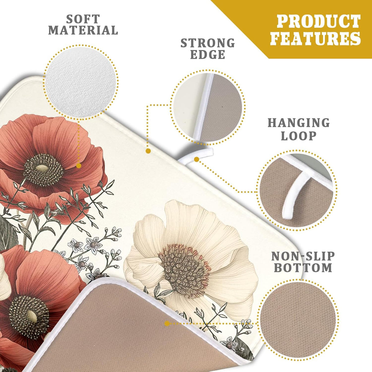 Floral Dish Drying Mat for Kitchen Counter 18x16 Inch Beige Pink Big Flower Drying Mat with Absorbent Reversible Microfiber Season Spring Dish Drainer Mats Rack Pad for Coffee Countertop Protector