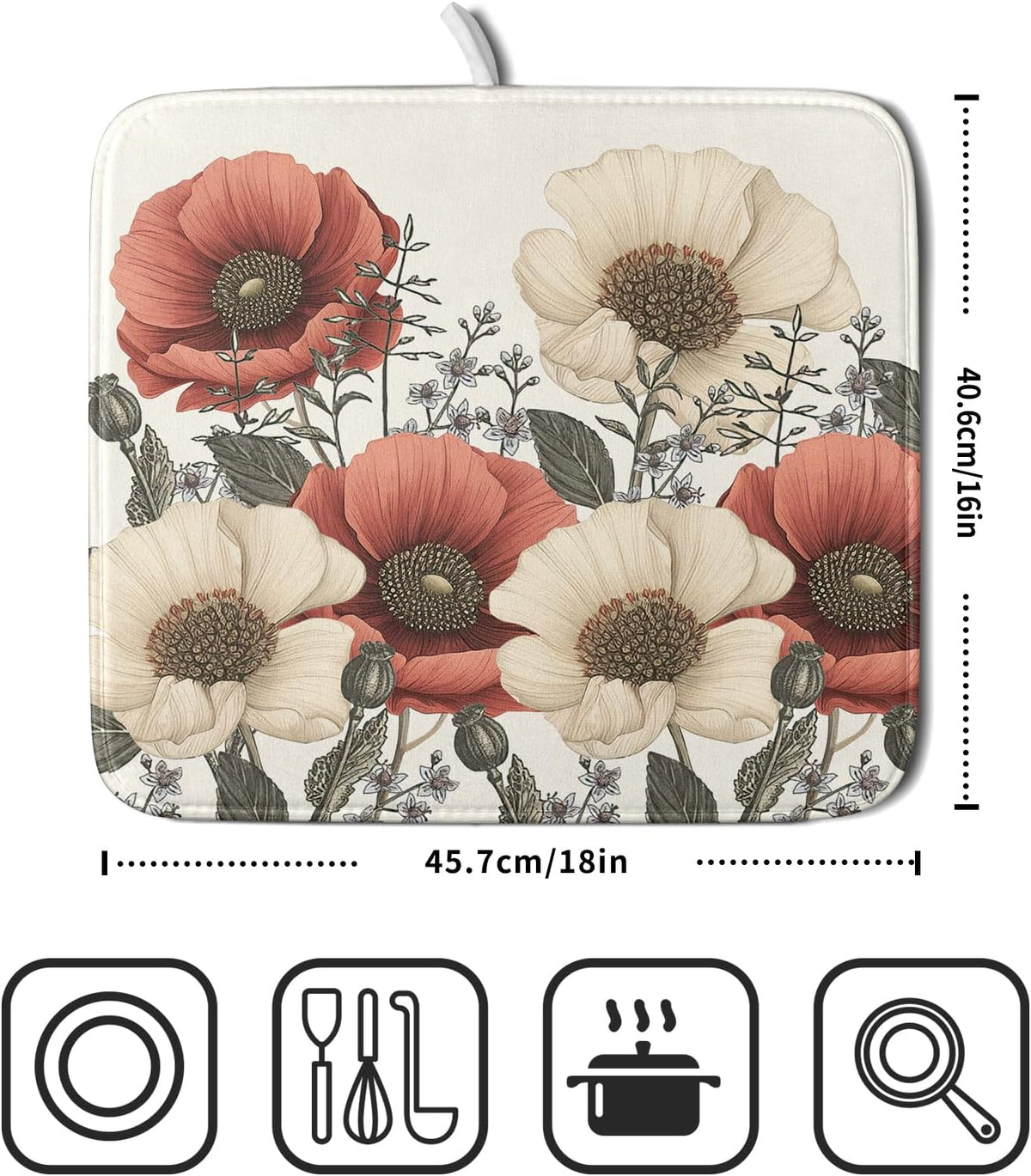 Floral Dish Drying Mat for Kitchen Counter 18x16 Inch Beige Pink Big Flower Drying Mat with Absorbent Reversible Microfiber Season Spring Dish Drainer Mats Rack Pad for Coffee Countertop Protector