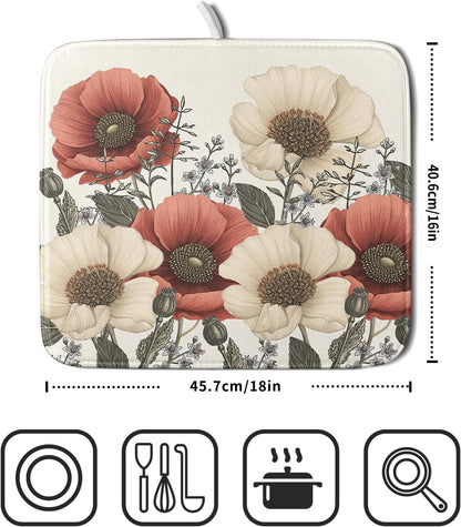 Floral Dish Drying Mat for Kitchen Counter 18x16 Inch Beige Pink Big Flower Drying Mat with Absorbent Reversible Microfiber Season Spring Dish Drainer Mats Rack Pad for Coffee Countertop Protector