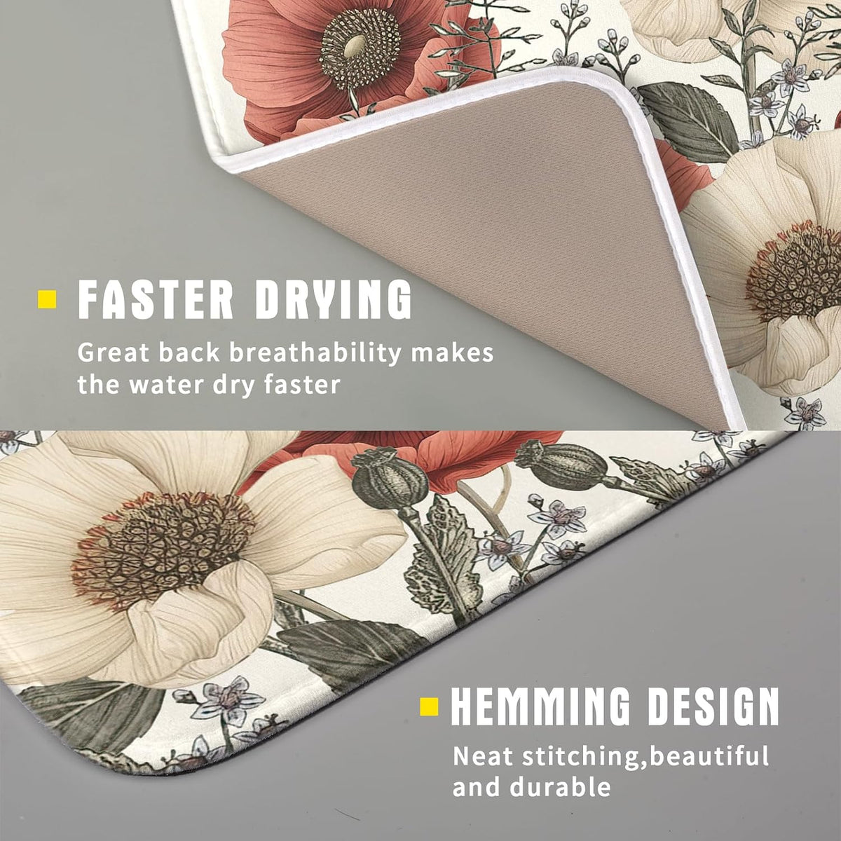 Floral Dish Drying Mat for Kitchen Counter 18x16 Inch Beige Pink Big Flower Drying Mat with Absorbent Reversible Microfiber Season Spring Dish Drainer Mats Rack Pad for Coffee Countertop Protector