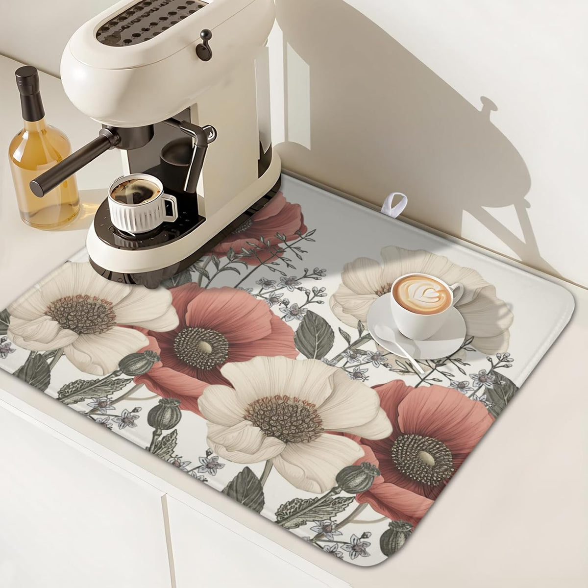 Floral Dish Drying Mat for Kitchen Counter 18x16 Inch Beige Pink Big Flower Drying Mat with Absorbent Reversible Microfiber Season Spring Dish Drainer Mats Rack Pad for Coffee Countertop Protector