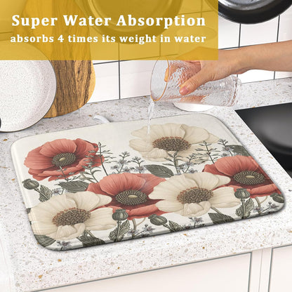 Floral Dish Drying Mat for Kitchen Counter 18x16 Inch Beige Pink Big Flower Drying Mat with Absorbent Reversible Microfiber Season Spring Dish Drainer Mats Rack Pad for Coffee Countertop Protector