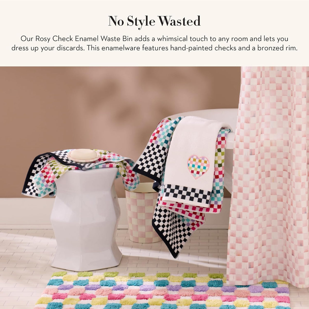 Waste Bin, Pink-and-White Rosy Check