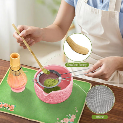 Matcha Whisk Set, 7 Pcs Matcha Making Kit with Matcha Bowl, Matcha Whisk and Holder, Bamboo Scoop, Scoop Rest, Sifter and Tea Towel，Gifts for Christmas Birthday