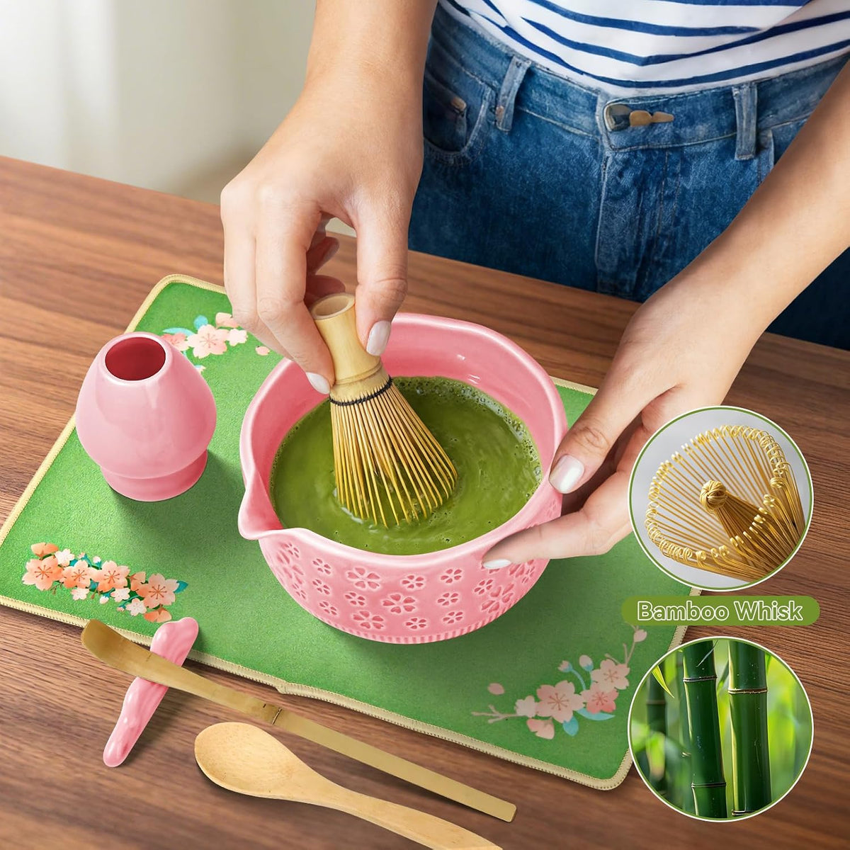Matcha Whisk Set, 7 Pcs Matcha Making Kit with Matcha Bowl, Matcha Whisk and Holder, Bamboo Scoop, Scoop Rest, Sifter and Tea Towel，Gifts for Christmas Birthday