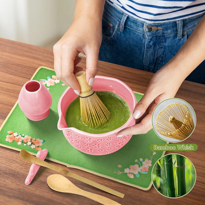 Matcha Whisk Set, 7 Pcs Matcha Making Kit with Matcha Bowl, Matcha Whisk and Holder, Bamboo Scoop, Scoop Rest, Sifter and Tea Towel，Gifts for Christmas Birthday