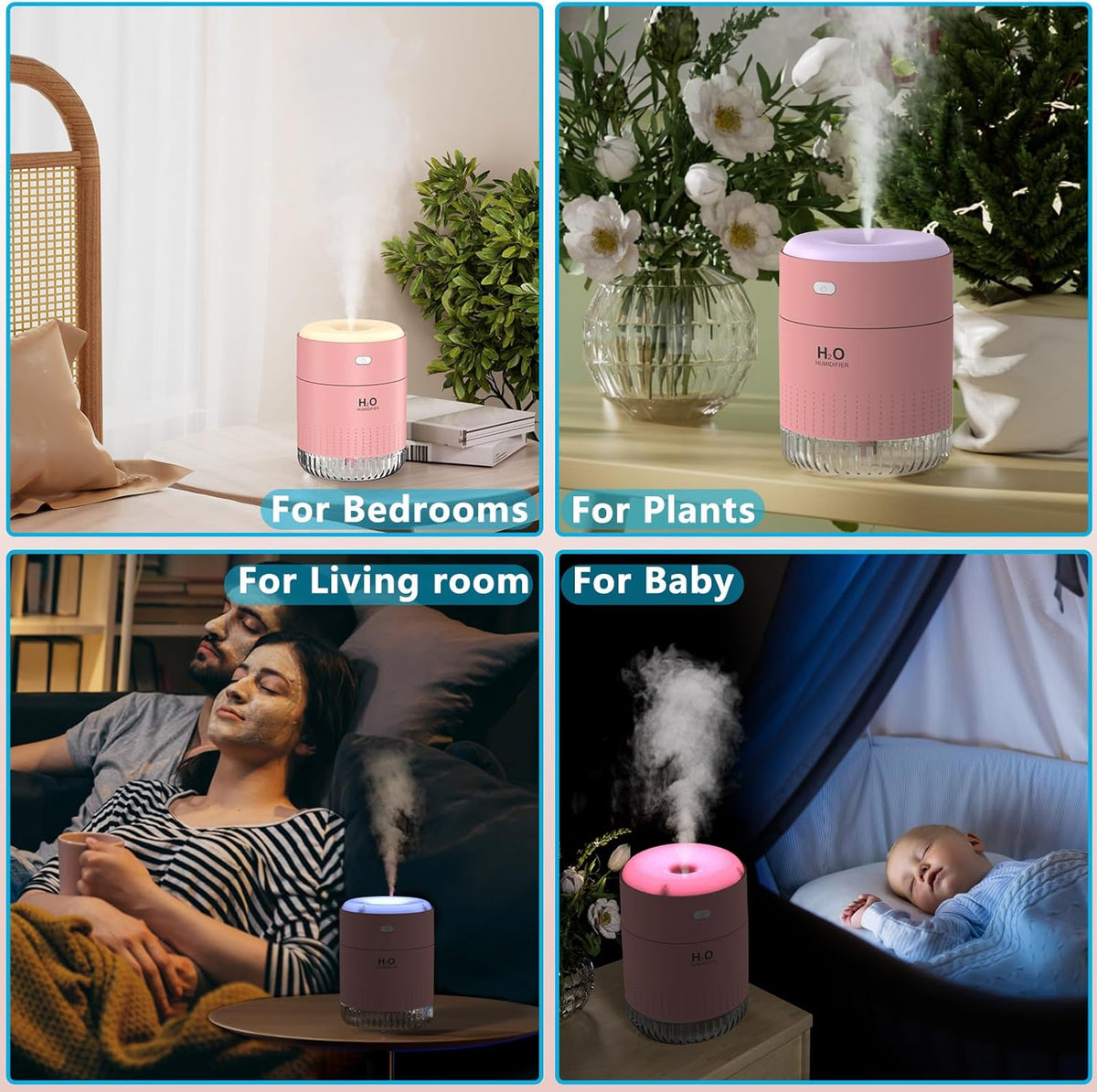 SZO Plant Humidifier Indoor, 500ml Pink with Colorful Lights