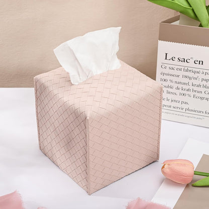 1 Pack Tissue Box Cover, Square PU Leather Tissue Holder, Decorative Facial Tissue Cube Paper Organizer Dispenser for Bathroom, Night Stands, Desk, Car 5X5X5'' - Woven Waffle,Macaron Pink