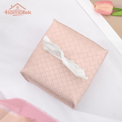 1 Pack Tissue Box Cover, Square PU Leather Tissue Holder, Decorative Facial Tissue Cube Paper Organizer Dispenser for Bathroom, Night Stands, Desk, Car 5X5X5'' - Woven Waffle,Macaron Pink