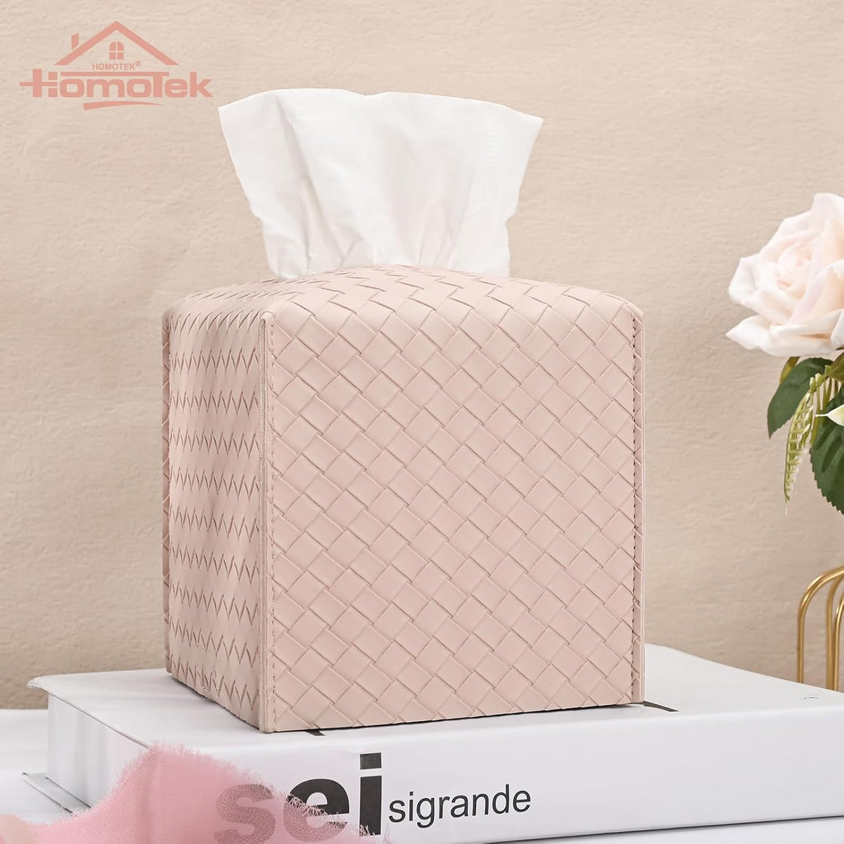 1 Pack Tissue Box Cover, Square PU Leather Tissue Holder, Decorative Facial Tissue Cube Paper Organizer Dispenser for Bathroom, Night Stands, Desk, Car 5X5X5'' - Woven Waffle,Macaron Pink