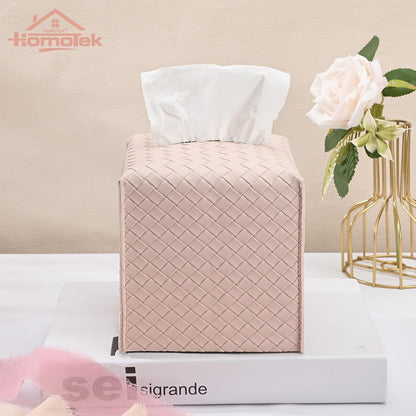 1 Pack Tissue Box Cover, Square PU Leather Tissue Holder, Decorative Facial Tissue Cube Paper Organizer Dispenser for Bathroom, Night Stands, Desk, Car 5X5X5'' - Woven Waffle,Macaron Pink