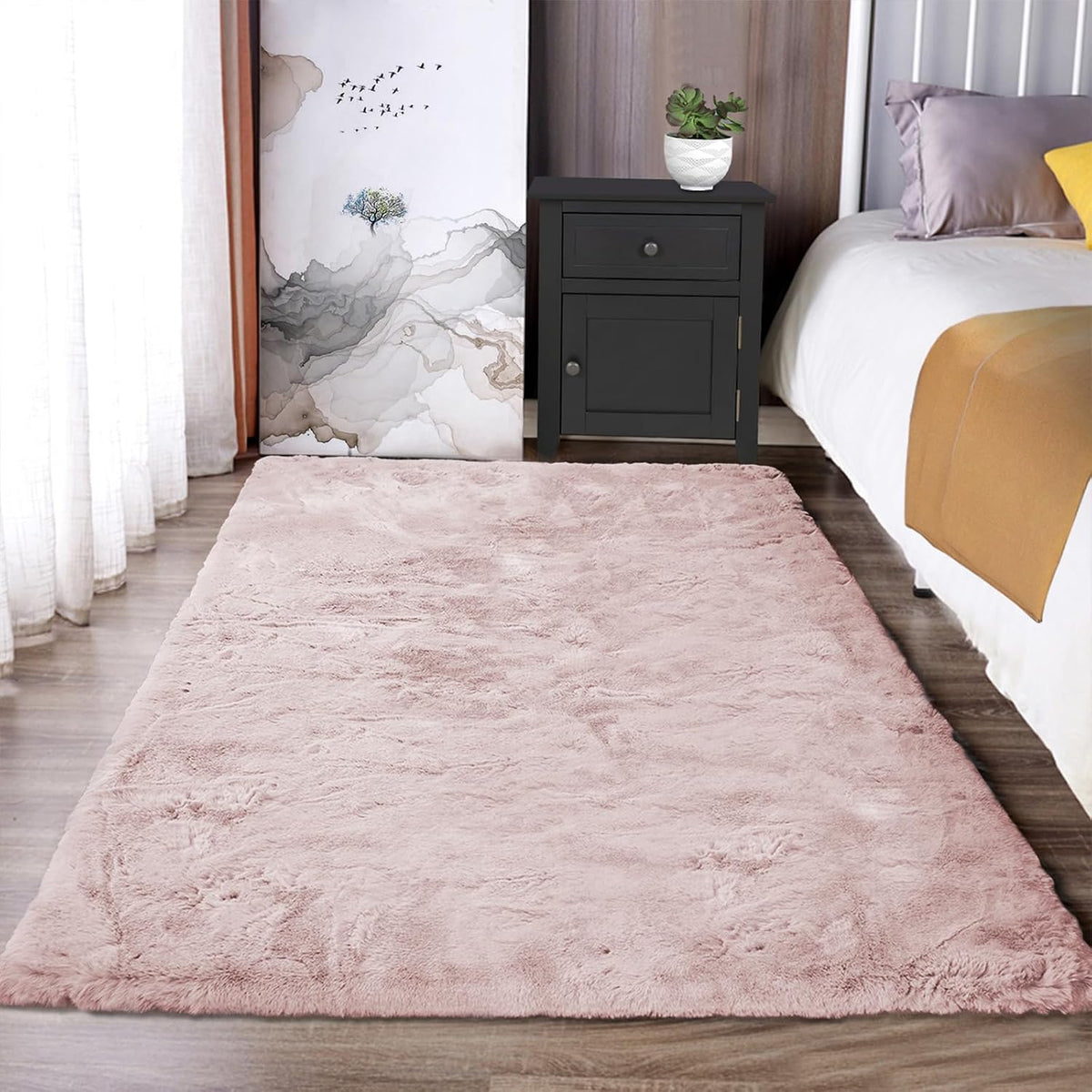 Fluffy Pink Carpet 3x5 Fuzzy Shag Rug Machine Washable Area Rugs for Living Room Non-Slip Faux Rabbit Fur Rug for Bedroom Kids Room Floor Dorm