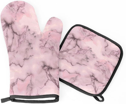 Heat Resistant Oven Mitts and Pot Holders Set, Light Pink Marble Veins 2-Piece Kitchen Hot Pads with Hanging Loop, 220°C Protection for Cooking, Baking, BBQ