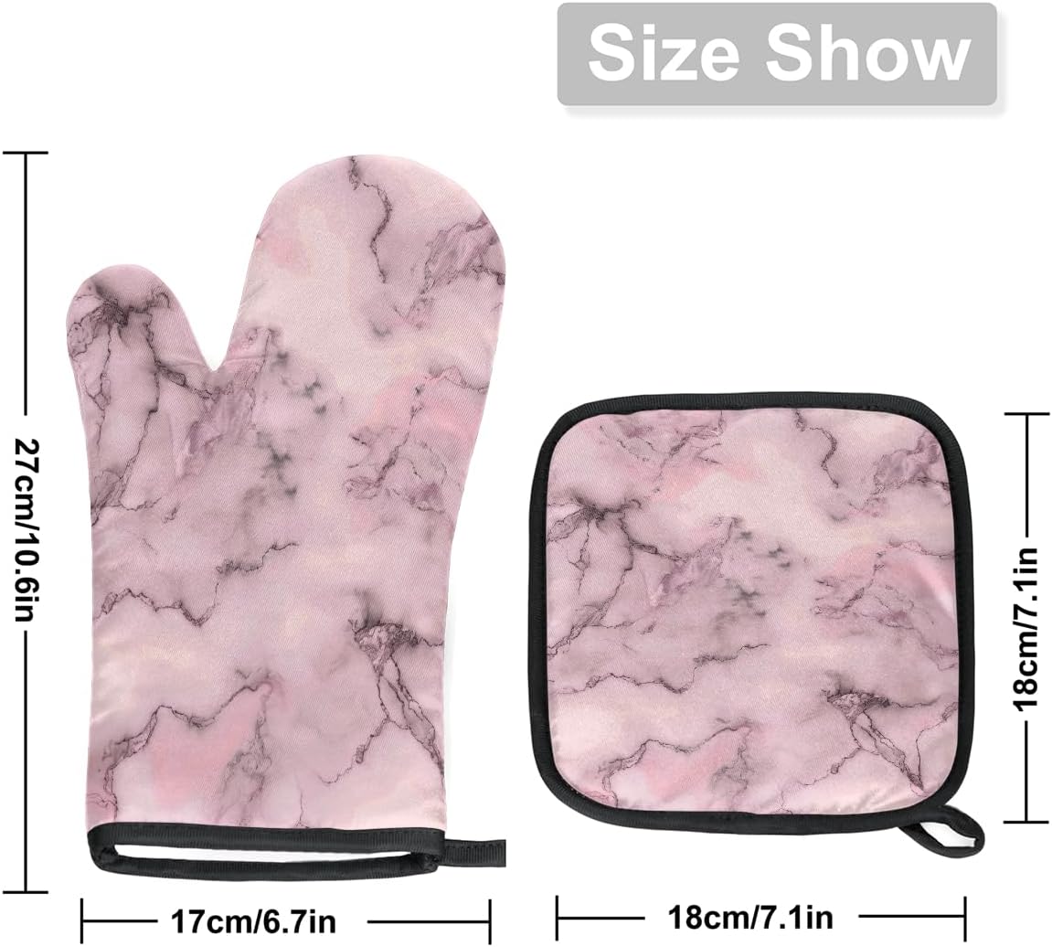 Heat Resistant Oven Mitts and Pot Holders Set, Light Pink Marble Veins 2-Piece Kitchen Hot Pads with Hanging Loop, 220°C Protection for Cooking, Baking, BBQ