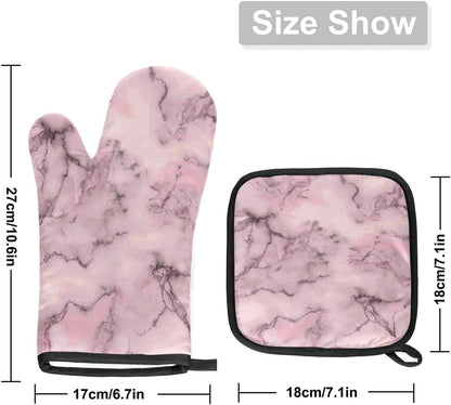 Heat Resistant Oven Mitts and Pot Holders Set, Light Pink Marble Veins 2-Piece Kitchen Hot Pads with Hanging Loop, 220°C Protection for Cooking, Baking, BBQ