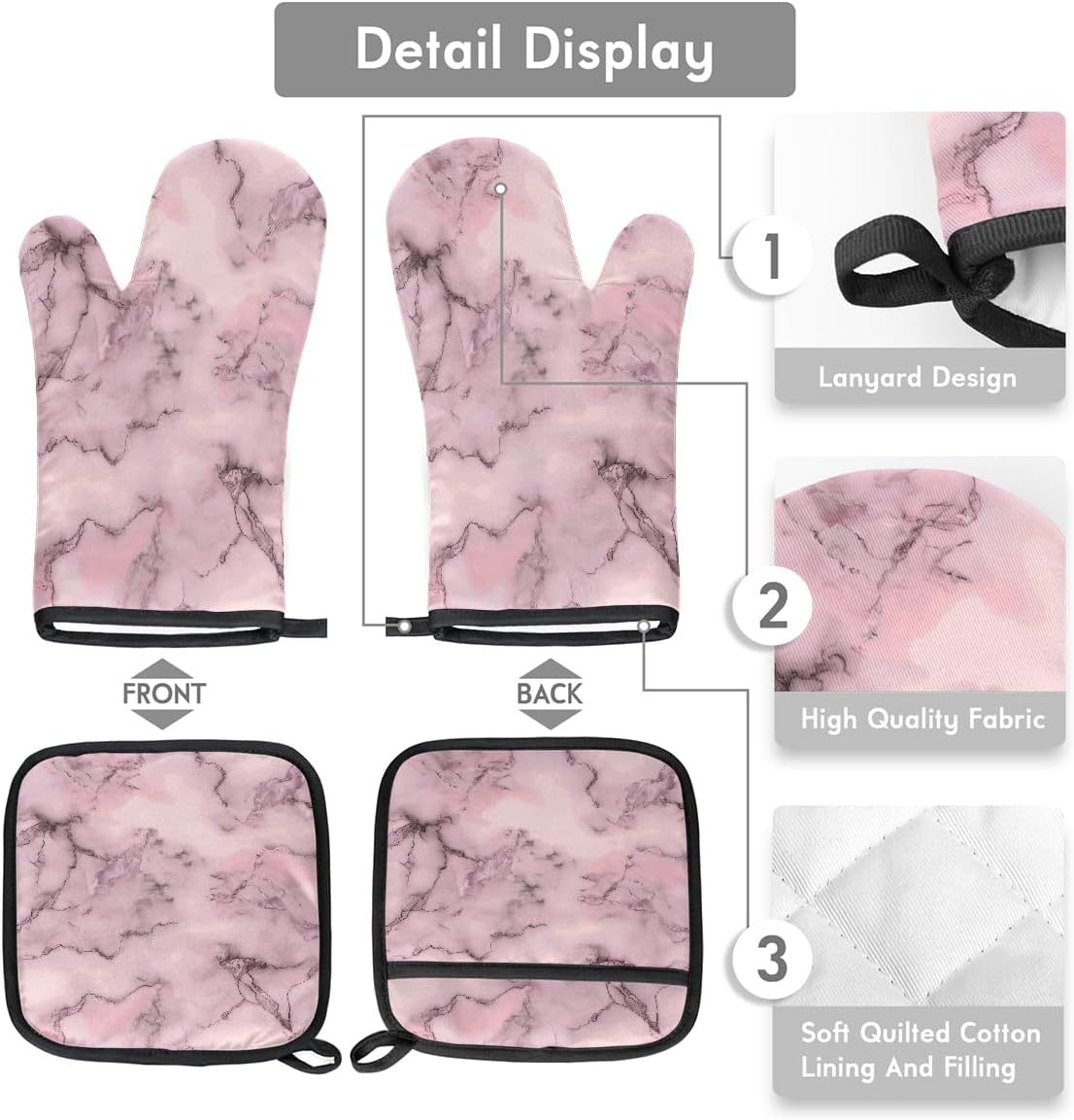 Heat Resistant Oven Mitts and Pot Holders Set, Light Pink Marble Veins 2-Piece Kitchen Hot Pads with Hanging Loop, 220°C Protection for Cooking, Baking, BBQ