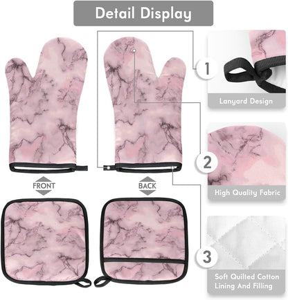 Heat Resistant Oven Mitts and Pot Holders Set, Light Pink Marble Veins 2-Piece Kitchen Hot Pads with Hanging Loop, 220°C Protection for Cooking, Baking, BBQ