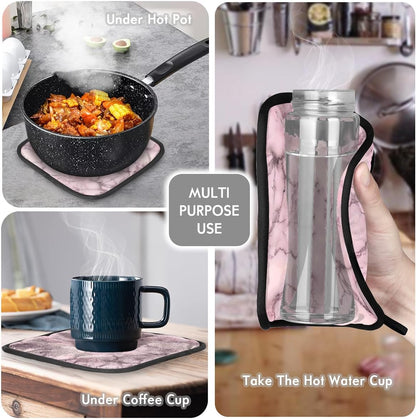 Heat Resistant Oven Mitts and Pot Holders Set, Light Pink Marble Veins 2-Piece Kitchen Hot Pads with Hanging Loop, 220°C Protection for Cooking, Baking, BBQ
