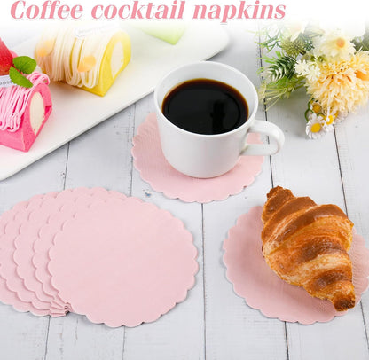 100 Pcs Cocktail Napkins Pink Scalloped Dessert Beverage Napkin Cute Flower Shaped Napkin for Wedding, Baby Shower, Tea Party
