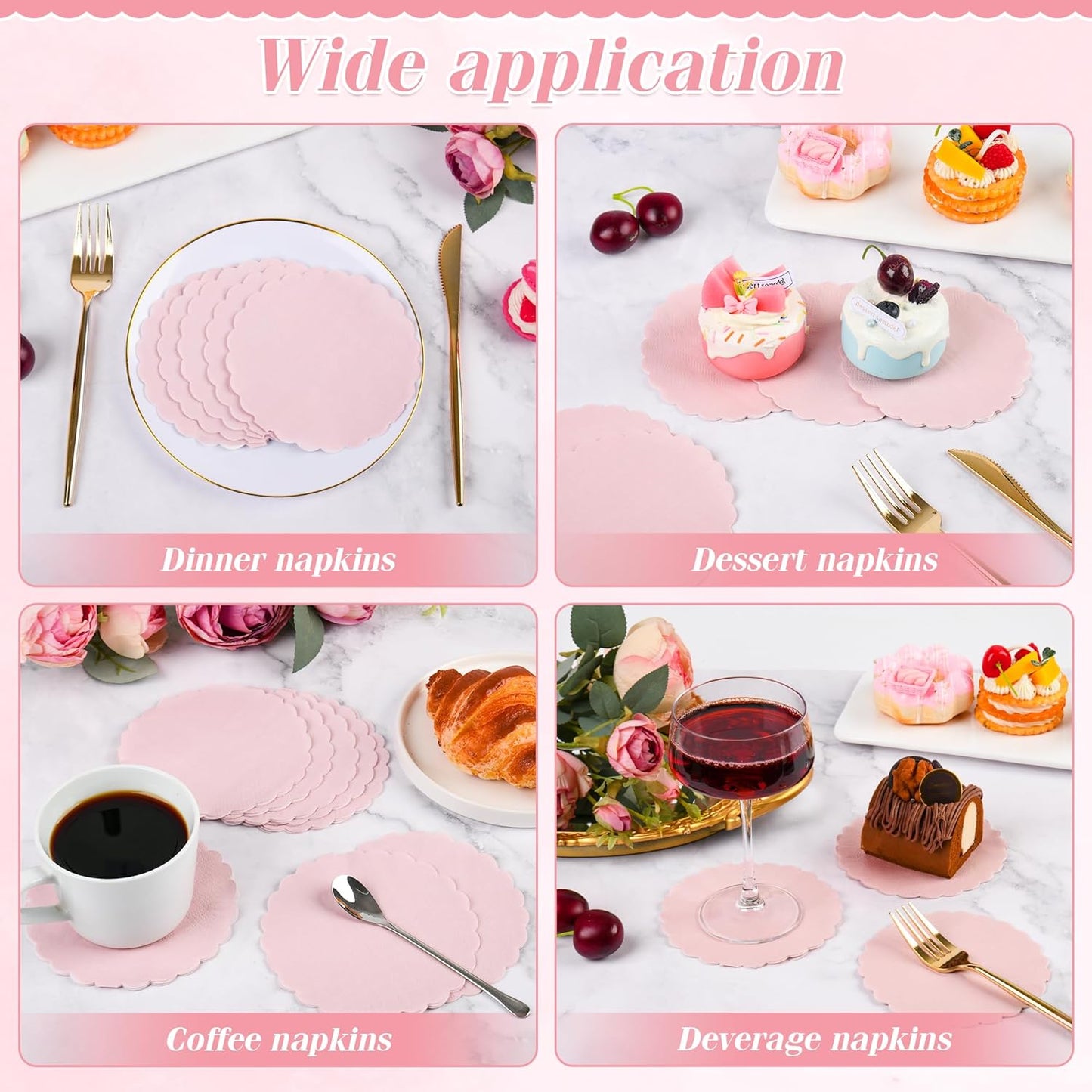 100 Pcs Cocktail Napkins Pink Scalloped Dessert Beverage Napkin Cute Flower Shaped Napkin for Wedding, Baby Shower, Tea Party
