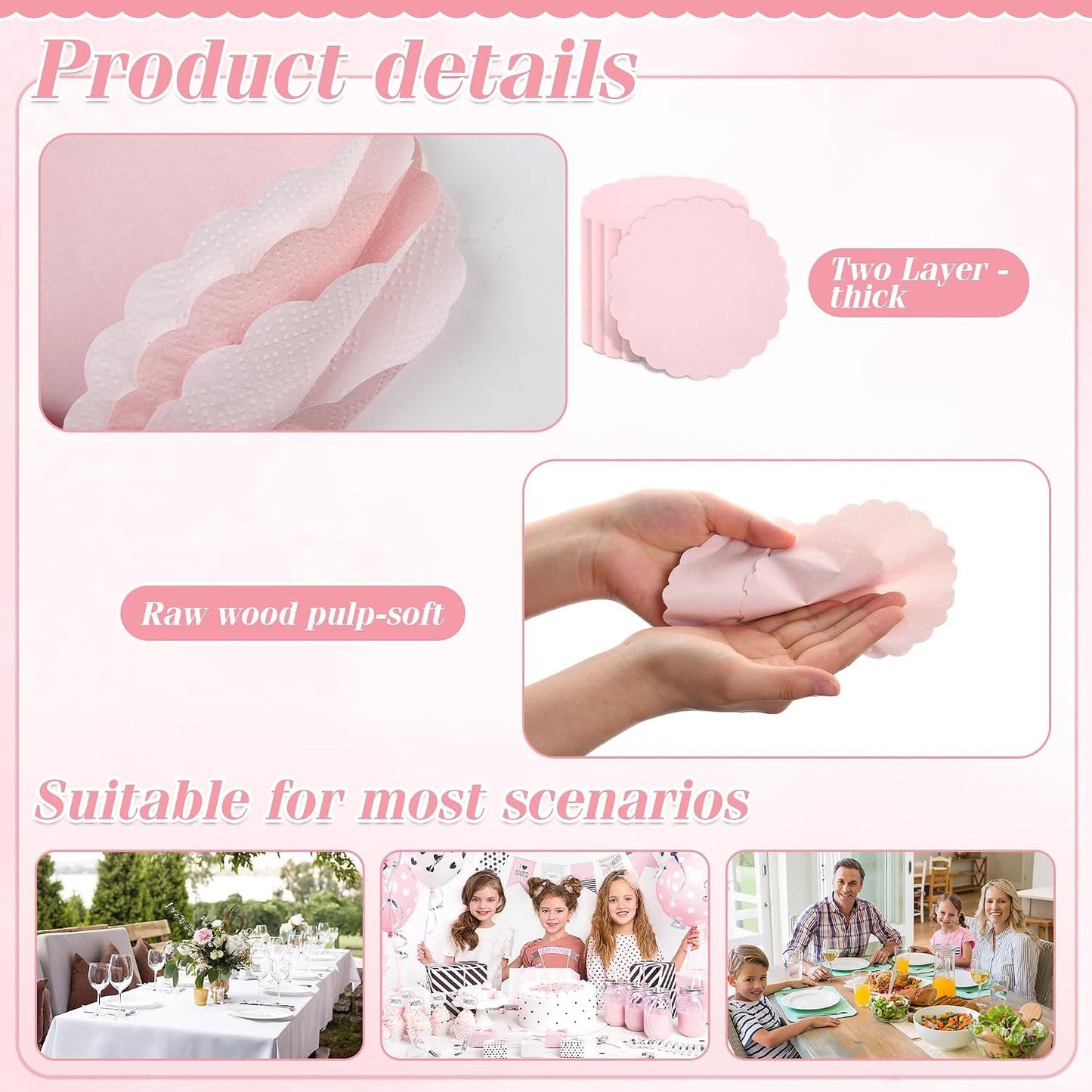100 Pcs Cocktail Napkins Pink Scalloped Dessert Beverage Napkin Cute Flower Shaped Napkin for Wedding, Baby Shower, Tea Party