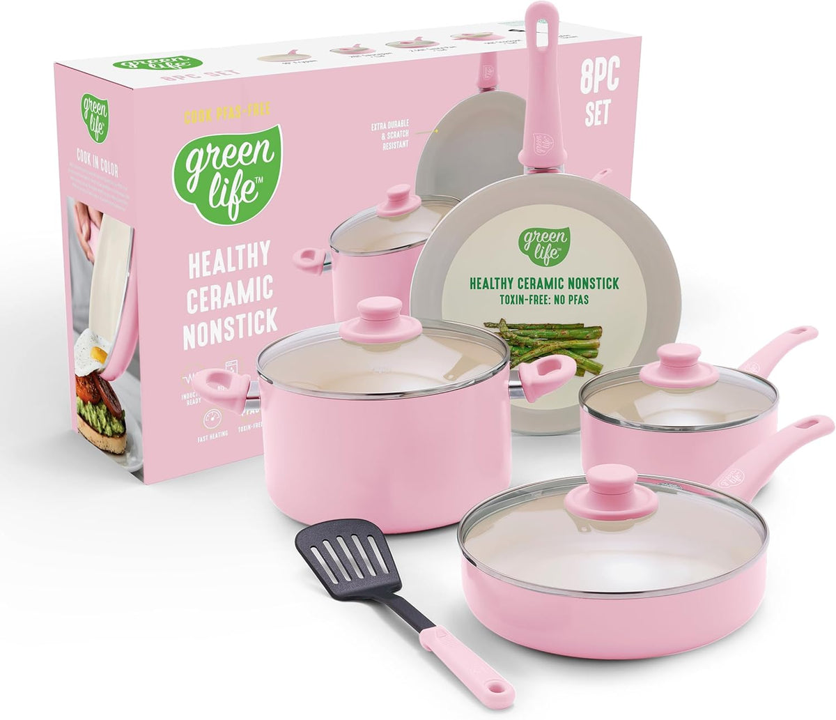 8 Piece Nonstick Cookware Set, Non-Toxic PFAS-Free Ceramic Pots & Pans, Dishwasher & Oven Safe, Frying, Sauce, Stock Pot, Glass Lids, Stay-Cool Handles, Wobble Free, Light Pink