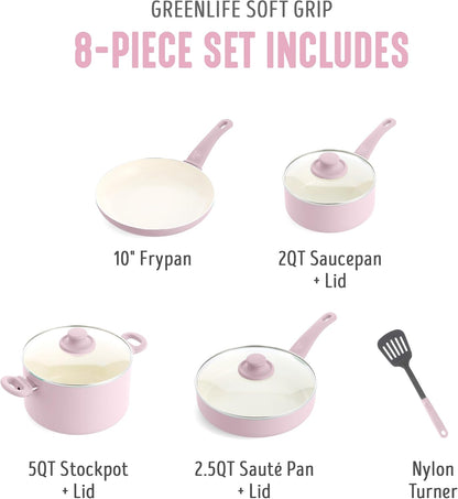 8 Piece Nonstick Cookware Set, Non-Toxic PFAS-Free Ceramic Pots & Pans, Dishwasher & Oven Safe, Frying, Sauce, Stock Pot, Glass Lids, Stay-Cool Handles, Wobble Free, Light Pink