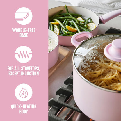 8 Piece Nonstick Cookware Set, Non-Toxic PFAS-Free Ceramic Pots & Pans, Dishwasher & Oven Safe, Frying, Sauce, Stock Pot, Glass Lids, Stay-Cool Handles, Wobble Free, Light Pink