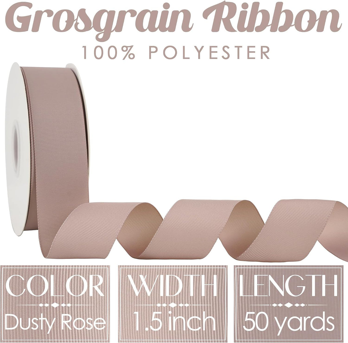 Dusty Rose Grosgrain Ribbon 1-1/2 Inch Grosgrain Hair Ribbons 50 Yards Per Roll Pink Wedding Ribbon for Hair Bow Supplies Boutique Ribbons for Crafts, Sewing, Scrapbooking