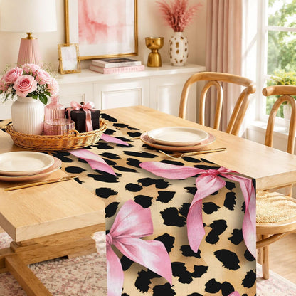 Cheetah Leopard Pink Bow Table Runner, Brown Girls Girl Animal Kitchen Dining Table Decoration Wild Fashion Girly Cute Design for Home Party Decor 13x72 Inch