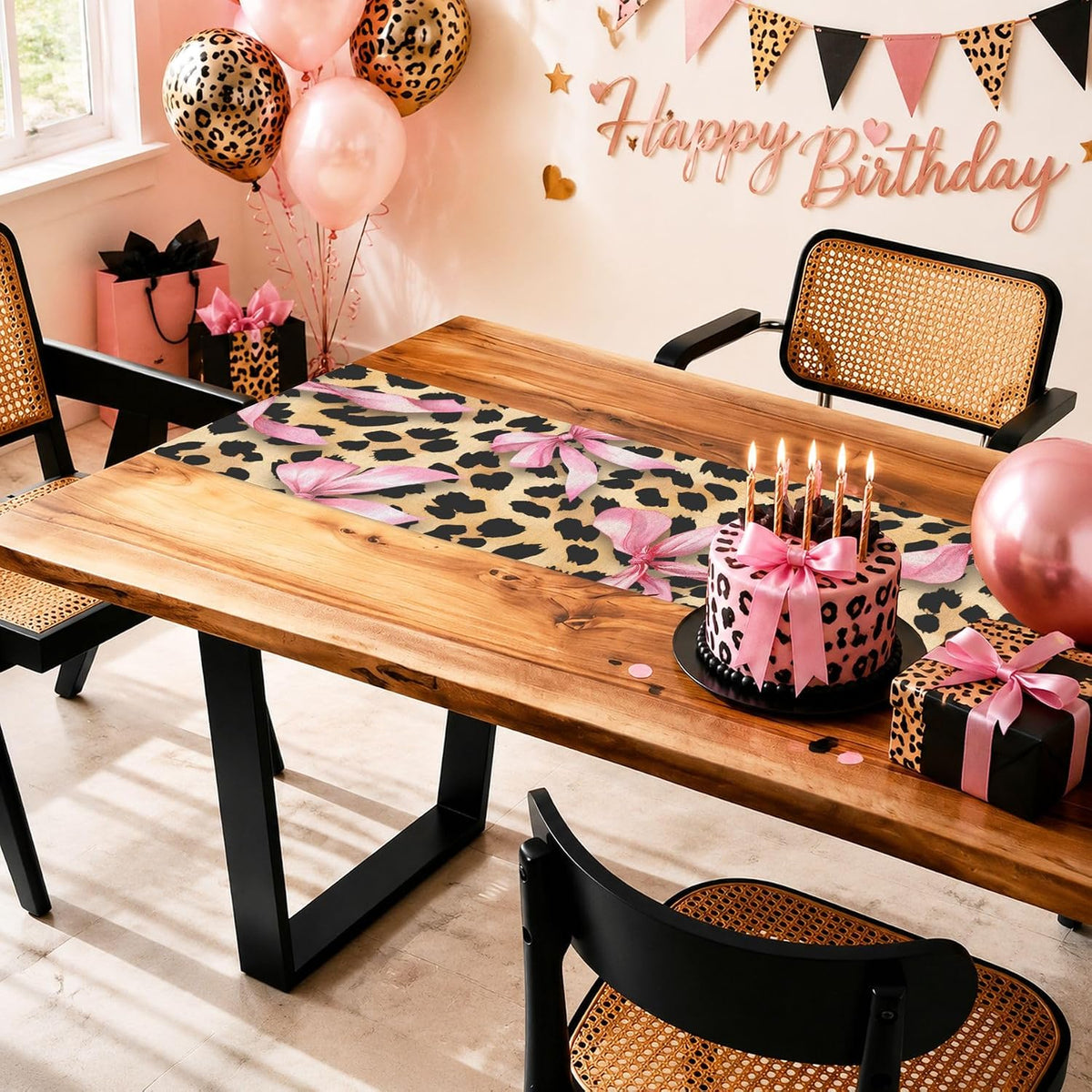 Cheetah Leopard Pink Bow Table Runner, Brown Girls Girl Animal Kitchen Dining Table Decoration Wild Fashion Girly Cute Design for Home Party Decor 13x72 Inch