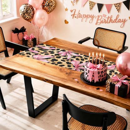 Cheetah Leopard Pink Bow Table Runner, Brown Girls Girl Animal Kitchen Dining Table Decoration Wild Fashion Girly Cute Design for Home Party Decor 13x72 Inch