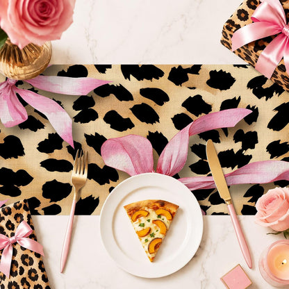 Cheetah Leopard Pink Bow Table Runner, Brown Girls Girl Animal Kitchen Dining Table Decoration Wild Fashion Girly Cute Design for Home Party Decor 13x72 Inch