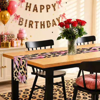 Cheetah Leopard Pink Bow Table Runner, Brown Girls Girl Animal Kitchen Dining Table Decoration Wild Fashion Girly Cute Design for Home Party Decor 13x72 Inch