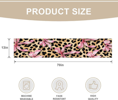 Cheetah Leopard Pink Bow Table Runner, Brown Girls Girl Animal Kitchen Dining Table Decoration Wild Fashion Girly Cute Design for Home Party Decor 13x72 Inch