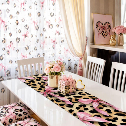 Cheetah Leopard Pink Bow Table Runner, Brown Girls Girl Animal Kitchen Dining Table Decoration Wild Fashion Girly Cute Design for Home Party Decor 13x72 Inch